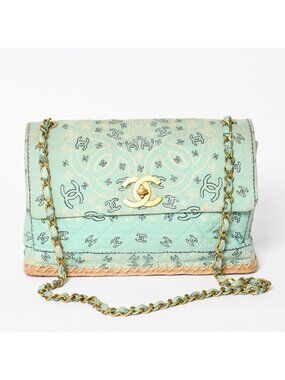 Chanel Maxi Quilted 33 S Flap S Chain Shoulder Bag CC Logo Paisley Light Blue
